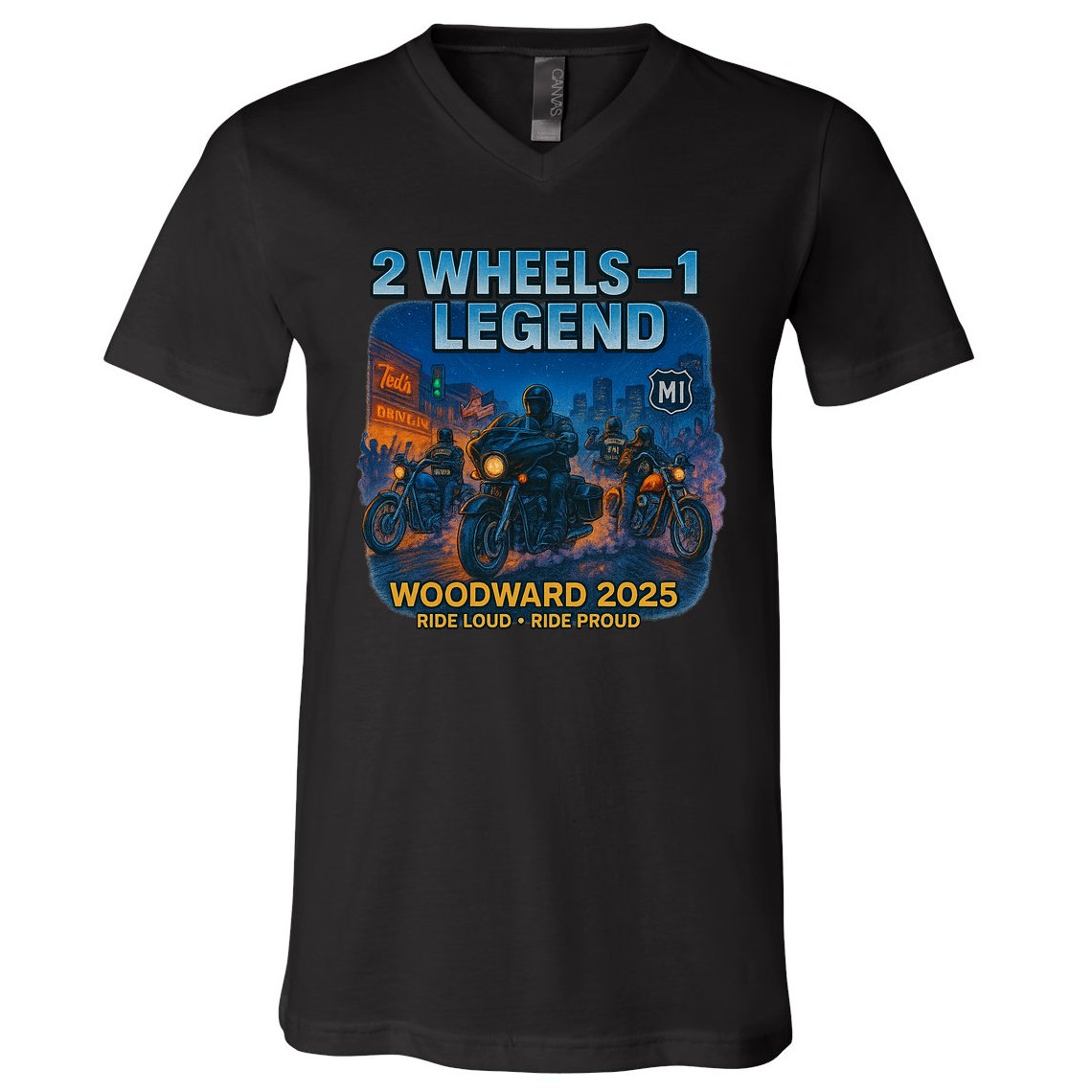 2025 Woodward Biker Legend 2 Wheels  V-Neck T-Shirt