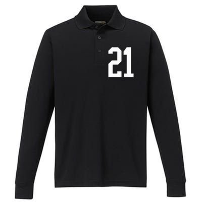 21 White Number 21 Sports Fan Jersey Style Performance Long Sleeve Polo