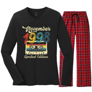 24 Years Old Gift Retro November 1998 Cassette 24th Birthday Women's Long Sleeve Flannel Pajama Set 