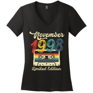 24 Years Old Gift Retro November 1998 Cassette 24th Birthday Women's V-Neck T-Shirt