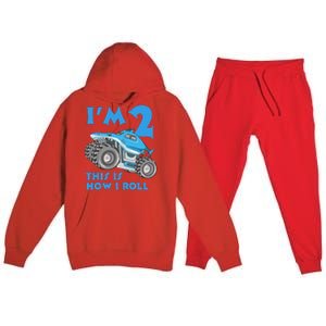 2 Year Old 2nd Birthday Monster Truck Car Premium Hooded Sweatsuit Set