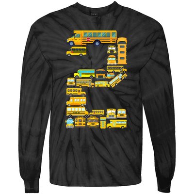 2 Year Old 2nd Birthday School Bus Theme Kids Party Tie-Dye Long Sleeve Shirt