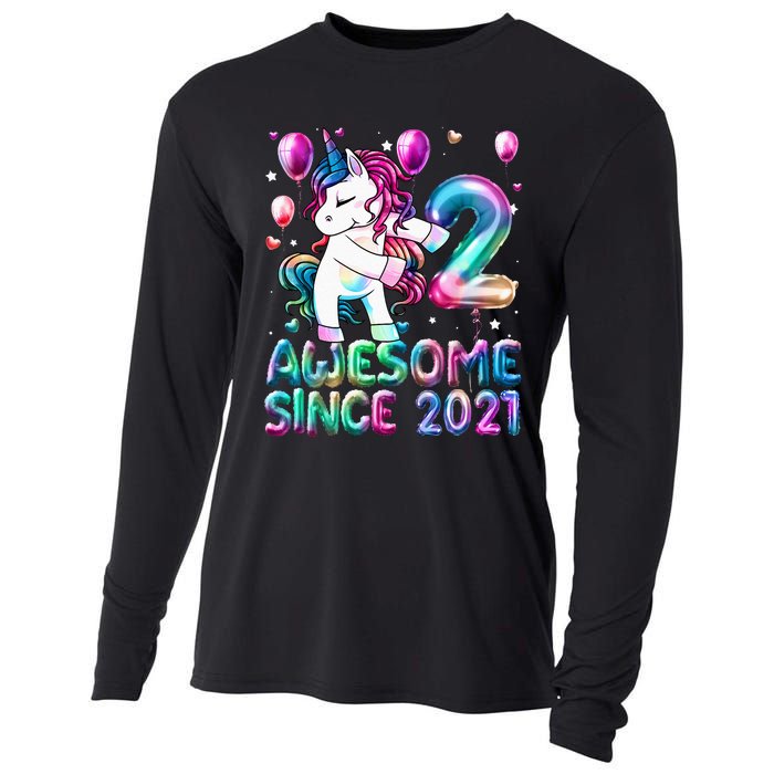 2 Years Old Unicorn Flossing 2nd Birthday Girl Unicorn Party Cooling Performance Long Sleeve Crew