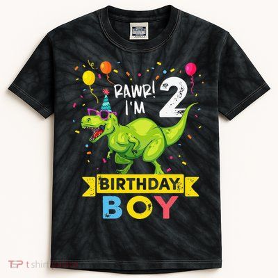 2 Year Old 2nd Birthday Boy T Rex Dinosaur T Kids Tie-Dye T-Shirt