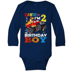 2 Year Old Gift 2nd Birthday Boy Dinosaur Monster Truck Great Gift Baby Long Sleeve Bodysuit