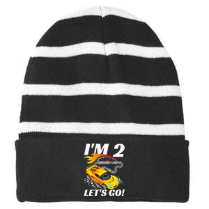 2 Year Old 2nd Racing Racecar Birthday Party Striped Beanie with Solid Band