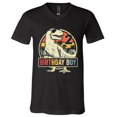 2 Year Old  2nd Birthday  T Rex Dinosaur V-Neck T-Shirt