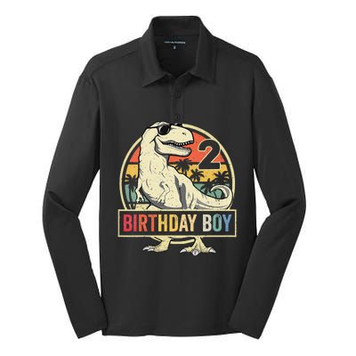 2 Year Old  2nd Birthday  T Rex Dinosaur Silk Touch Performance Long Sleeve Polo