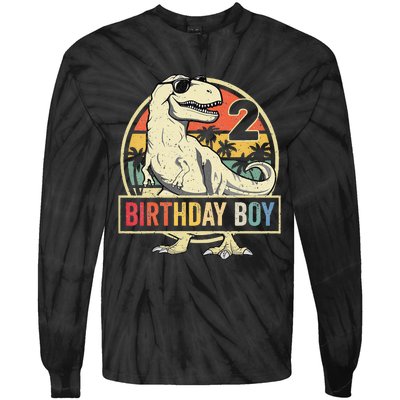 2 Year Old  2nd Birthday  T Rex Dinosaur Tie-Dye Long Sleeve Shirt