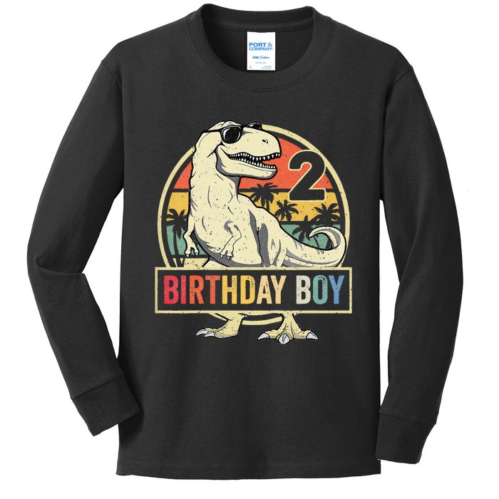 2 Year Old  2nd Birthday  T Rex Dinosaur Kids Long Sleeve Shirt