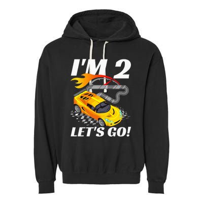 2 Year Old 2nd Racing Racecar Birthday Party Garment-Dyed Fleece Hoodie