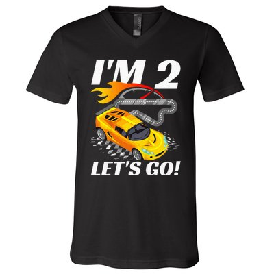 2 Year Old 2nd Racing Racecar Birthday Party V-Neck T-Shirt