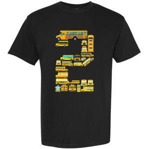 2 Year Old 2nd Birthday School Bus Theme Kids Party Garment-Dyed Heavyweight T-Shirt