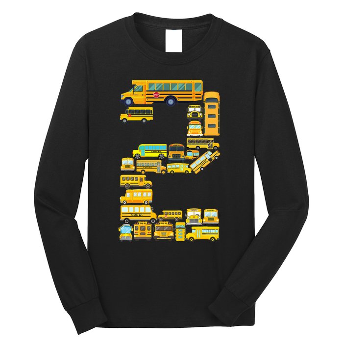 2 Year Old 2nd Birthday School Bus Theme Kids Party Long Sleeve Shirt