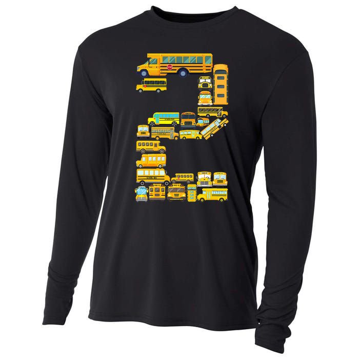 2 Year Old 2nd Birthday School Bus Theme Kids Party Cooling Performance Long Sleeve Crew