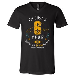 24 Years Old Leap Year Birthday 6 Funny Leap Day V-Neck T-Shirt