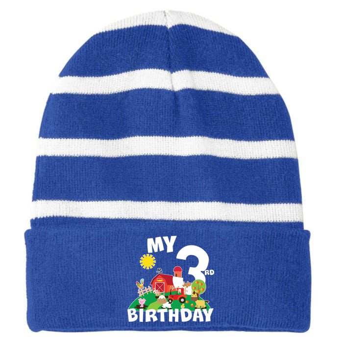 3 Year Old Farm My 3rd Birthday Striped Beanie with Solid Band