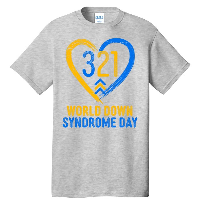 321 World Down Syndrome Day Blue And Yellow Painted Heart Tall T-Shirt