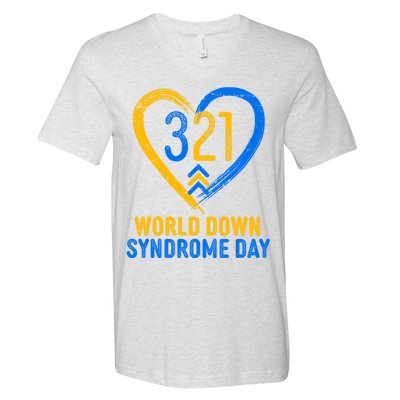 321 World Down Syndrome Day Blue And Yellow Painted Heart V-Neck T-Shirt