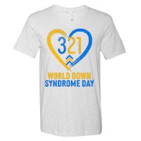 321 World Down Syndrome Day Blue And Yellow Painted Heart V-Neck T-Shirt