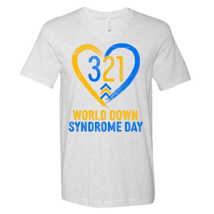 321 World Down Syndrome Day Blue And Yellow Painted Heart V-Neck T-Shirt