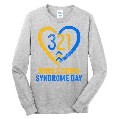 321 World Down Syndrome Day Blue And Yellow Painted Heart Tall Long Sleeve T-Shirt