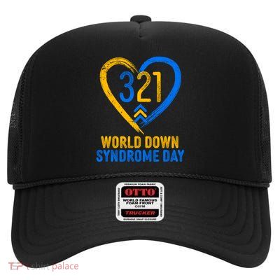 321 World Down Syndrome Day Blue And Yellow Painted Heart High Crown Mesh Back Trucker Hat
