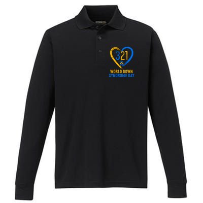 321 World Down Syndrome Day Blue And Yellow Painted Heart Performance Long Sleeve Polo