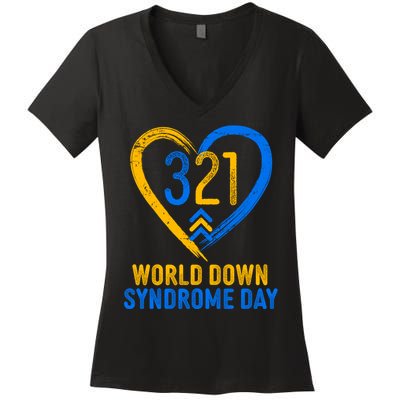 321 World Down Syndrome Day Blue And Yellow Painted Heart Women's V-Neck T-Shirt