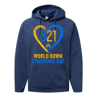 321 World Down Syndrome Day Blue And Yellow Painted Heart Performance Fleece Hoodie