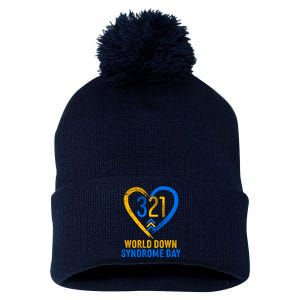 321 World Down Syndrome Day Blue And Yellow Painted Heart Pom Pom 12in Knit Beanie