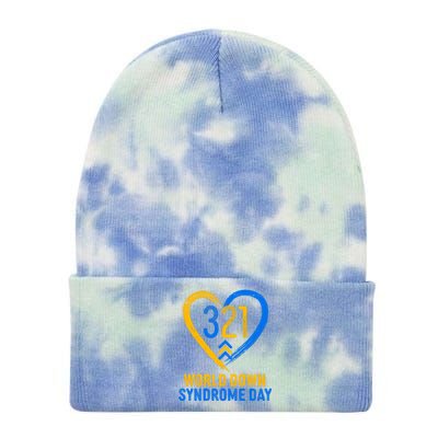 321 World Down Syndrome Day Blue And Yellow Painted Heart Tie Dye 12in Knit Beanie