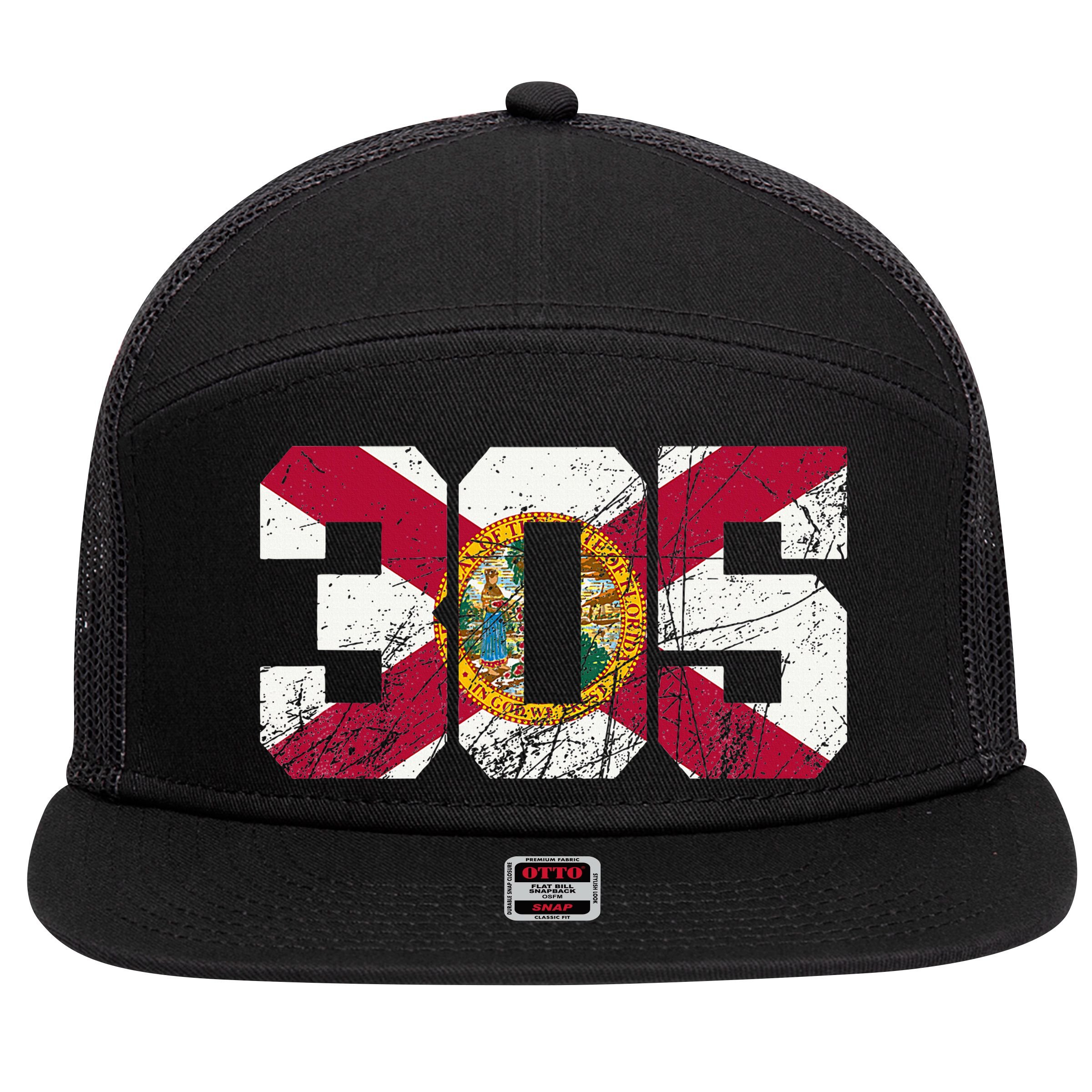 305 Area Code Flag Of Florida Miamidade County 7 Panel Mesh Trucker Snapback Hat