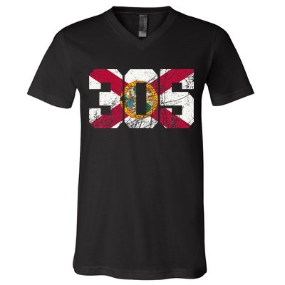305 Area Code Flag Of Florida Miamidade County V-Neck T-Shirt