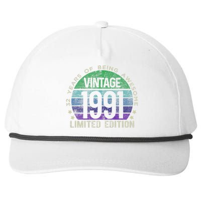 32nd Birthday 32 Year Old Gifts Vintage 1991 Limited Edition Snapback Five-Panel Rope Hat