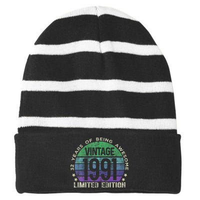 32nd Birthday 32 Year Old Gifts Vintage 1991 Limited Edition Striped Beanie with Solid Band