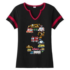 3rd Birthday 3 Year Old Transportation Cars Fire Truck Ladies Halftime Notch Neck Tee