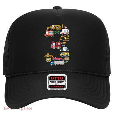 3rd Birthday 3 Year Old Transportation Cars Fire Truck High Crown Mesh Back Trucker Hat