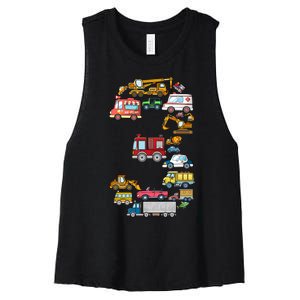 3rd Birthday 3 Year Old Transportation Cars Fire Truck Women's Racerback Cropped Tank