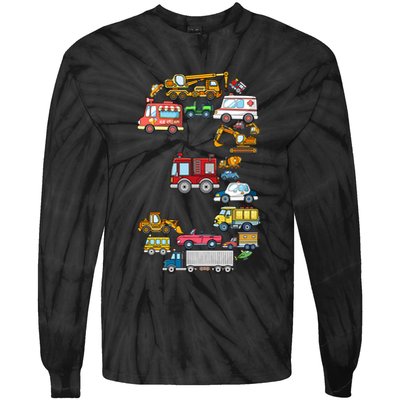 3rd Birthday 3 Year Old Transportation Cars Fire Truck Tie-Dye Long Sleeve Shirt