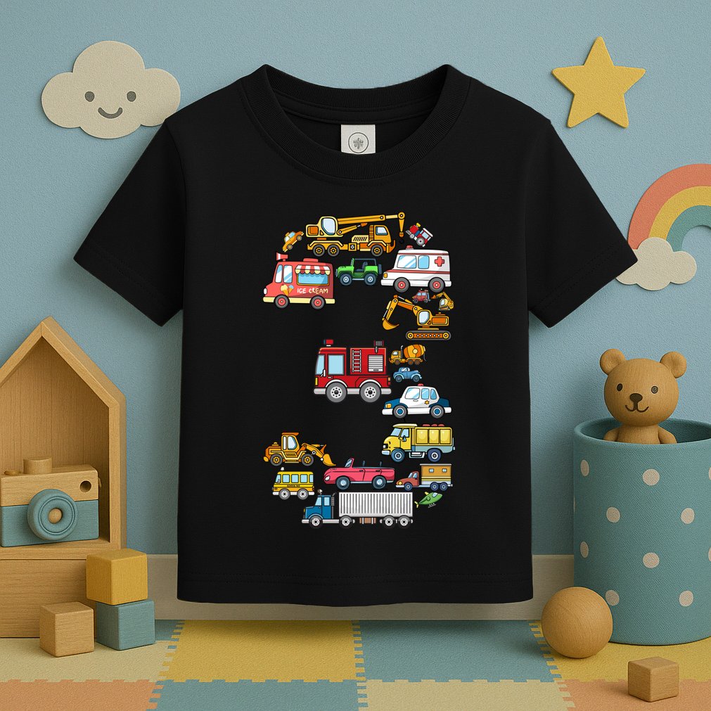 3rd Birthday 3 Year Old Transportation Cars Fire Truck Toddler T-Shirt