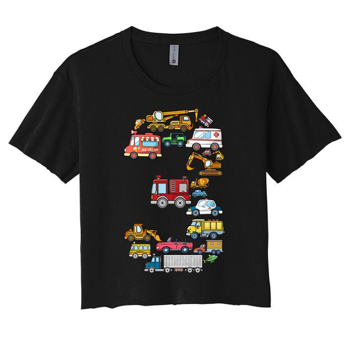 3rd Birthday 3 Year Old Transportation Cars Fire Truck Women's Crop Top Tee