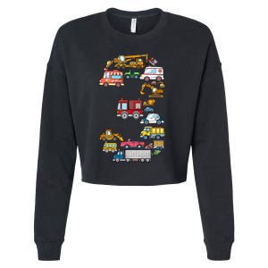 3rd Birthday 3 Year Old Transportation Cars Fire Truck Cropped Pullover Crew