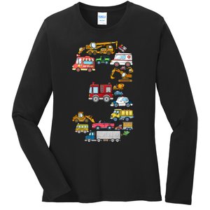 3rd Birthday 3 Year Old Transportation Cars Fire Truck Ladies Long Sleeve Shirt