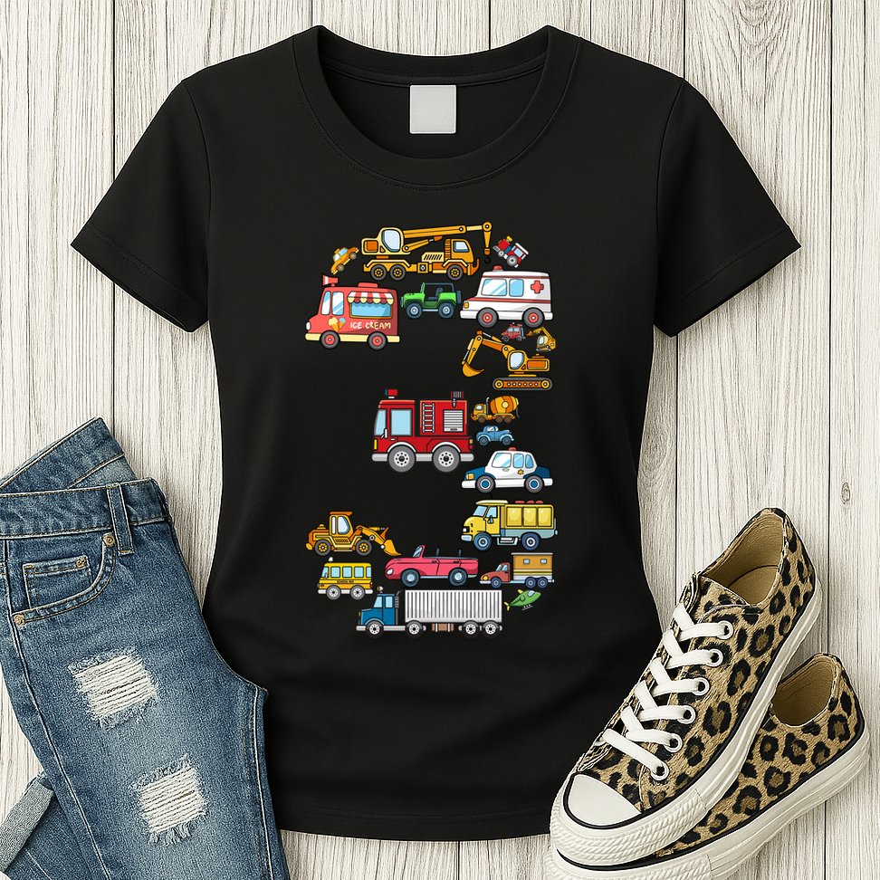 3rd Birthday 3 Year Old Transportation Cars Fire Truck Womens T-Shirt
