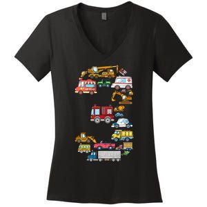 3rd Birthday 3 Year Old Transportation Cars Fire Truck Women's V-Neck T-Shirt