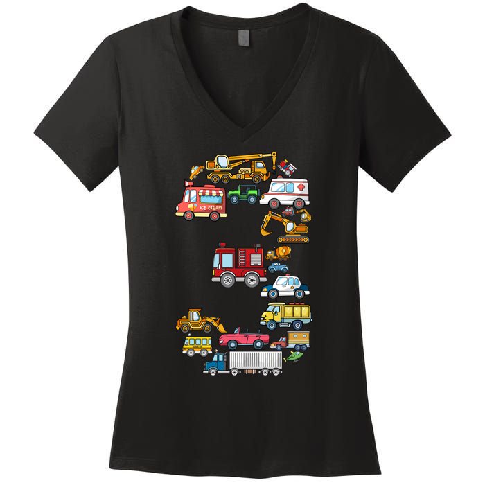 3rd Birthday 3 Year Old Transportation Cars Fire Truck Women's V-Neck T-Shirt