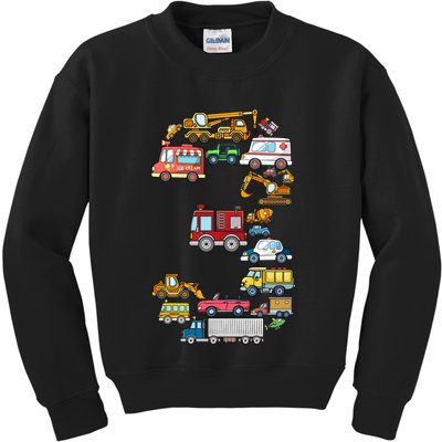 3rd Birthday 3 Year Old Transportation Cars Fire Truck Kids Sweatshirt