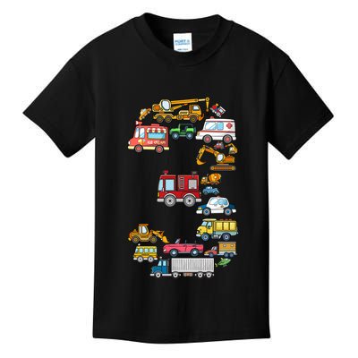 3rd Birthday 3 Year Old Transportation Cars Fire Truck Kids T-Shirt