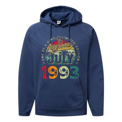 30th Birthday Awesome Since July 1993 30 Years Old Gifts Performance Fleece Hoodie